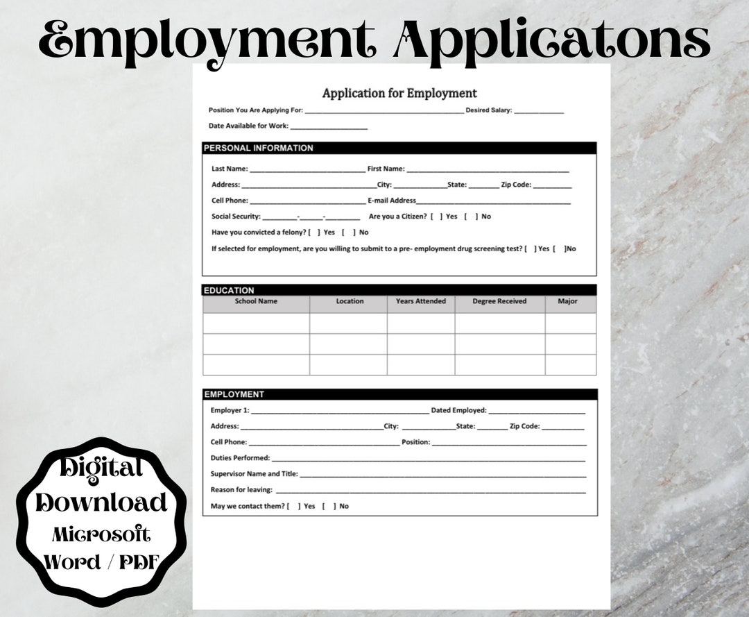 Employment Application Form Template word Printable Editable Etsy Employment Application Form Template word Printable Editable Etsy