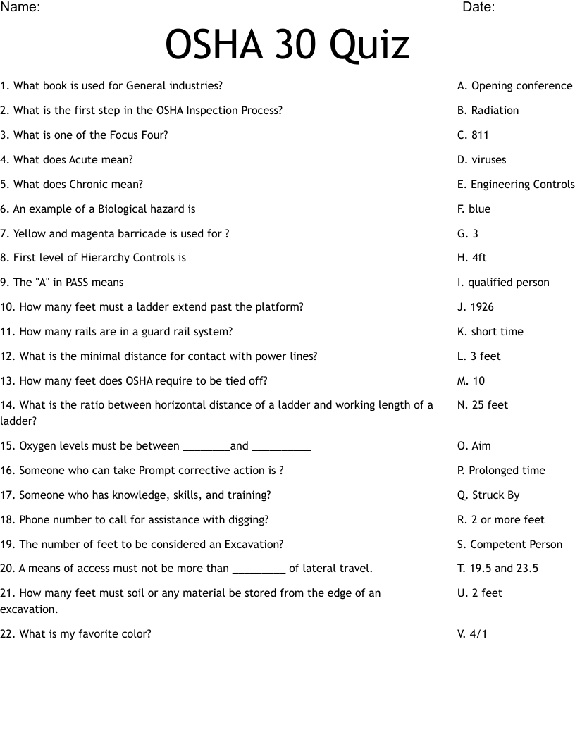 OSHA 30 Quiz Worksheet WordMint OSHA 30 Quiz Worksheet WordMint