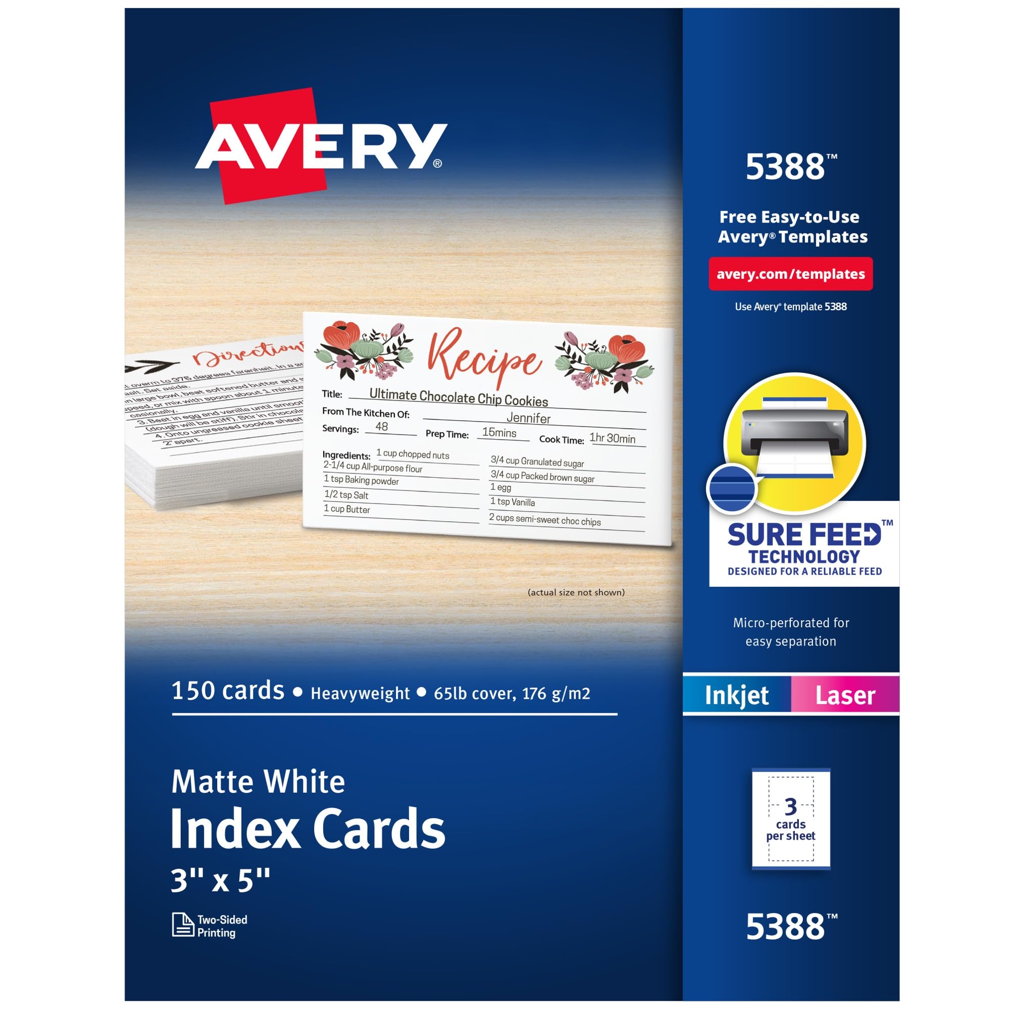 Amazon Avery Printable Index Cards With Sure Feed Technology 3 X 5 White 150 Blank Index Cards For Laser Or Inkjet Printers 05388 Avery White Index Cards Office Products
