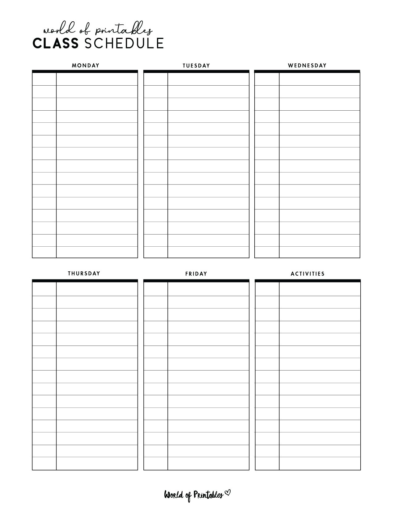 Class Schedule Templates World Of Printables Class Schedule Templates World Of Printables