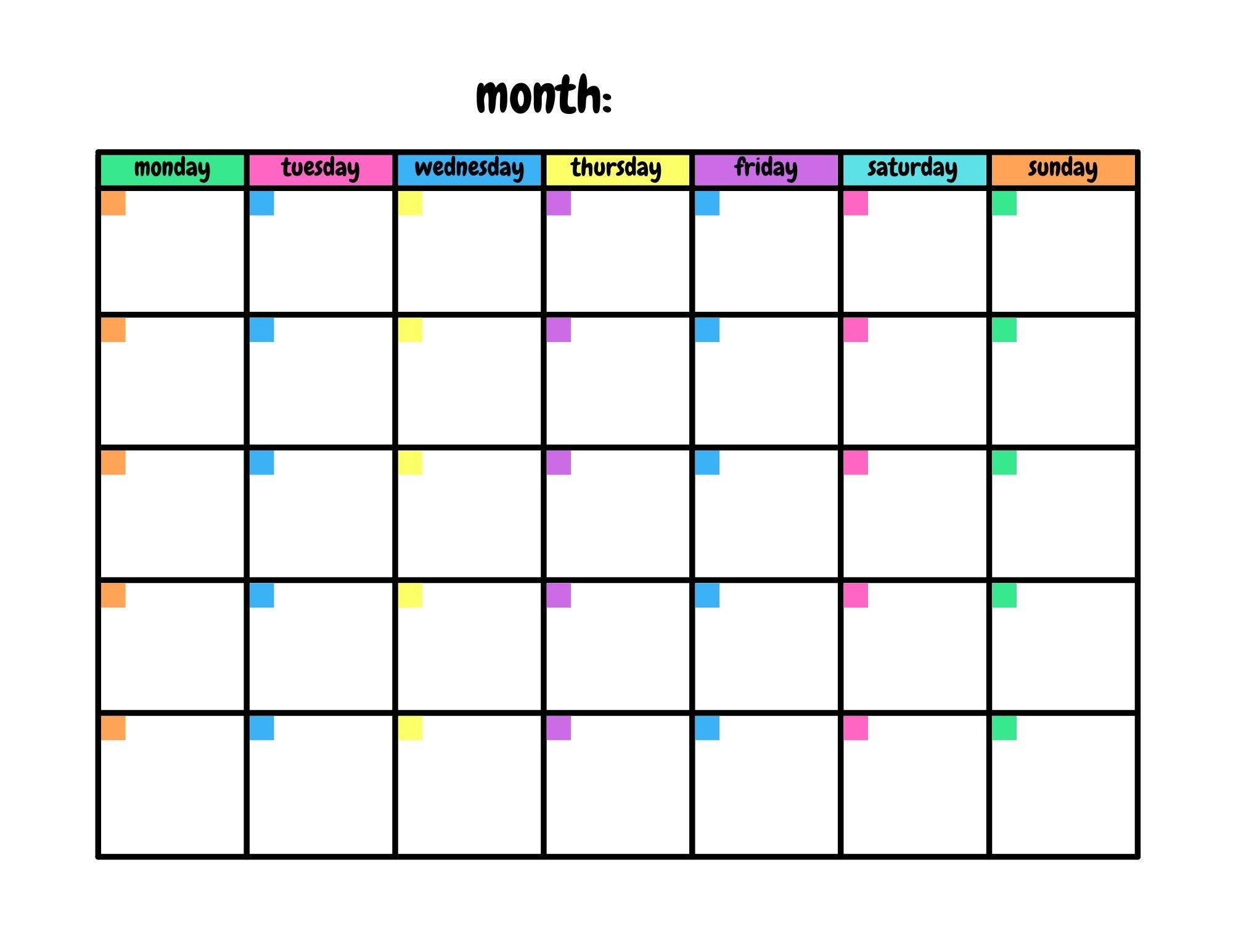 Colourful Blank Calendar Template 11 X 8 5 Inches Horizontal Printable Calendar Page PDF Printable Instant Download Etsy