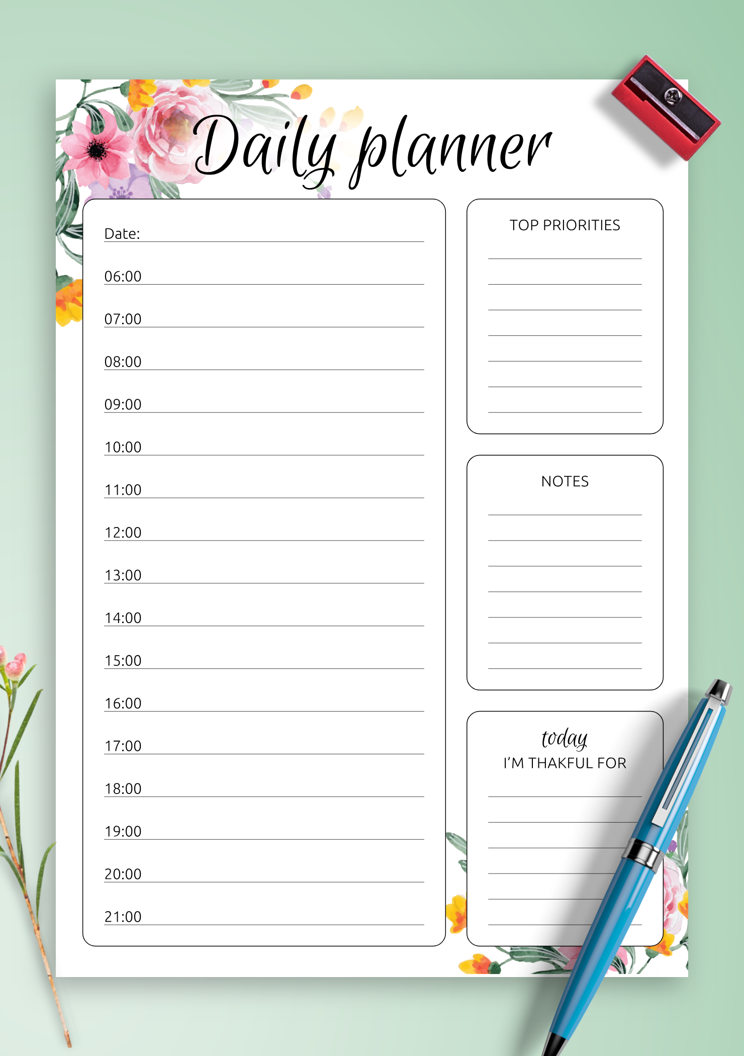 Download Printable Daily Hourly Planner With Flowers PDF Download Printable Daily Hourly Planner With Flowers PDF