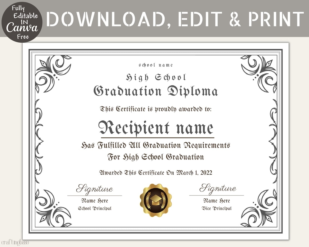 Editable High School Diploma Template Diploma Certificate Canva Template Keepsake For Students Personalized Canva Templates Etsy Editable High School Diploma Template Diploma Certificate Canva Template Keepsake For Students Personalized Canva Templates Etsy