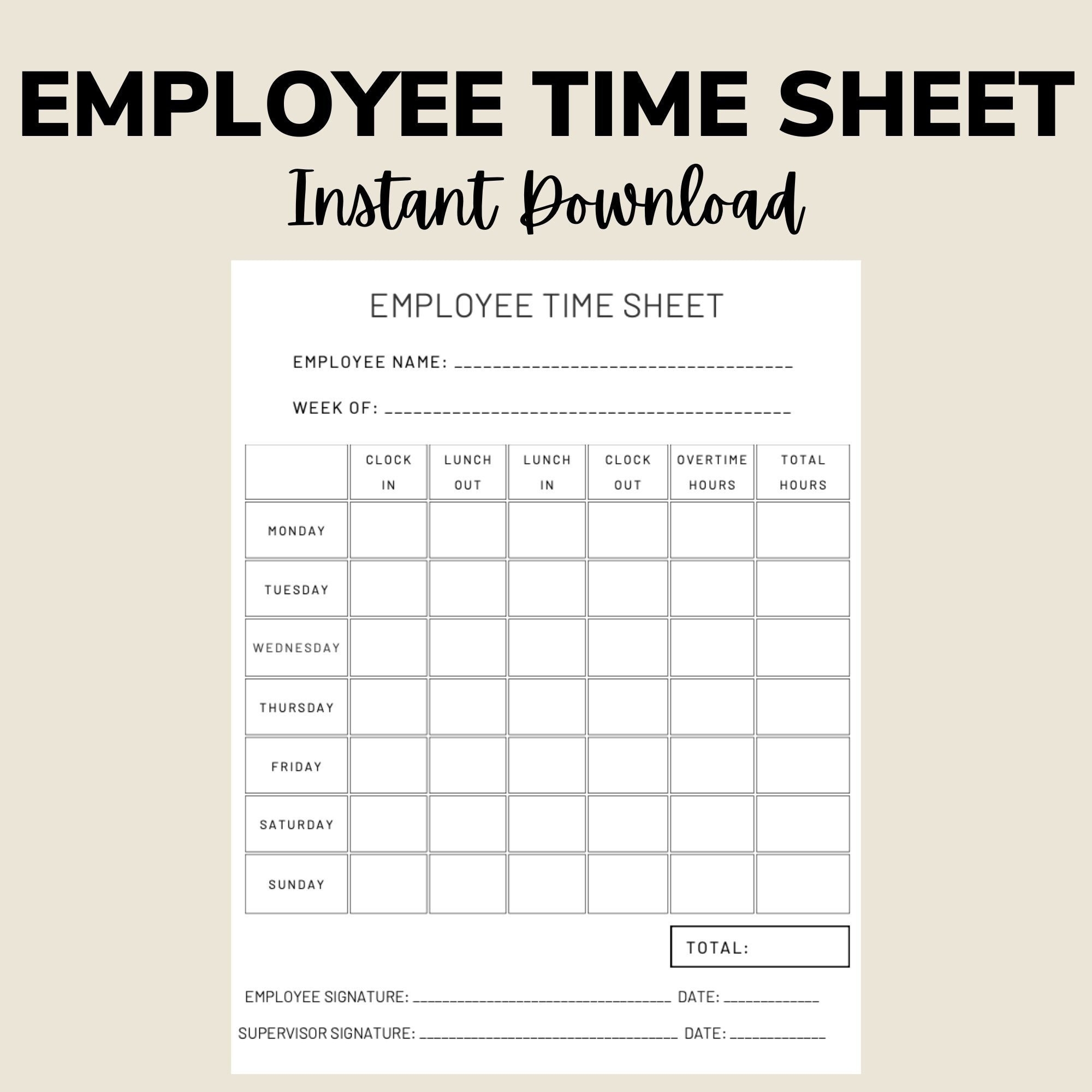 Employee Time Sheet Printable Digital Template Printable Time Card Work Schedule Tracker Work Log Employee Timekeeping Sheet Etsy