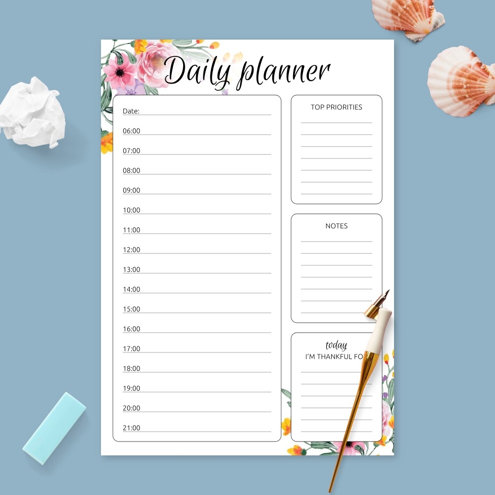 Floral Daily Hourly Planner Template Printable PDF Floral Daily Hourly Planner Template Printable PDF