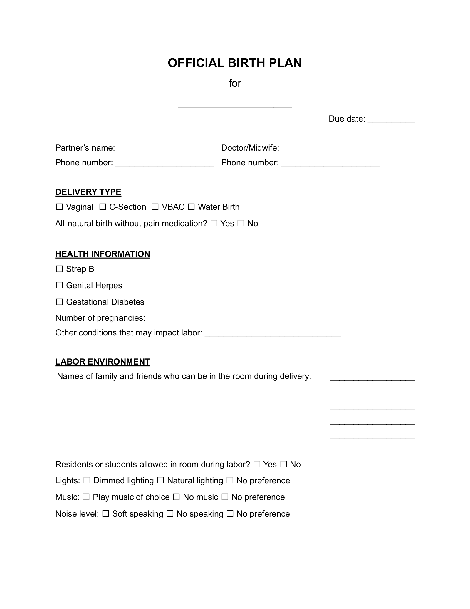 Birth Plan Template Printable