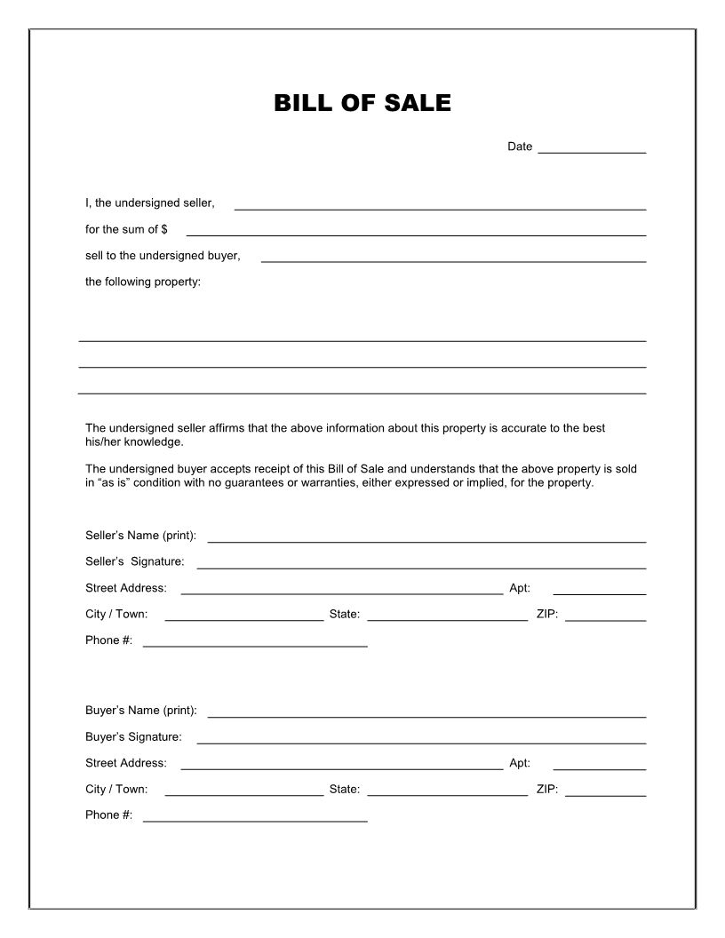Printable Bill Of Sale Template Pdf