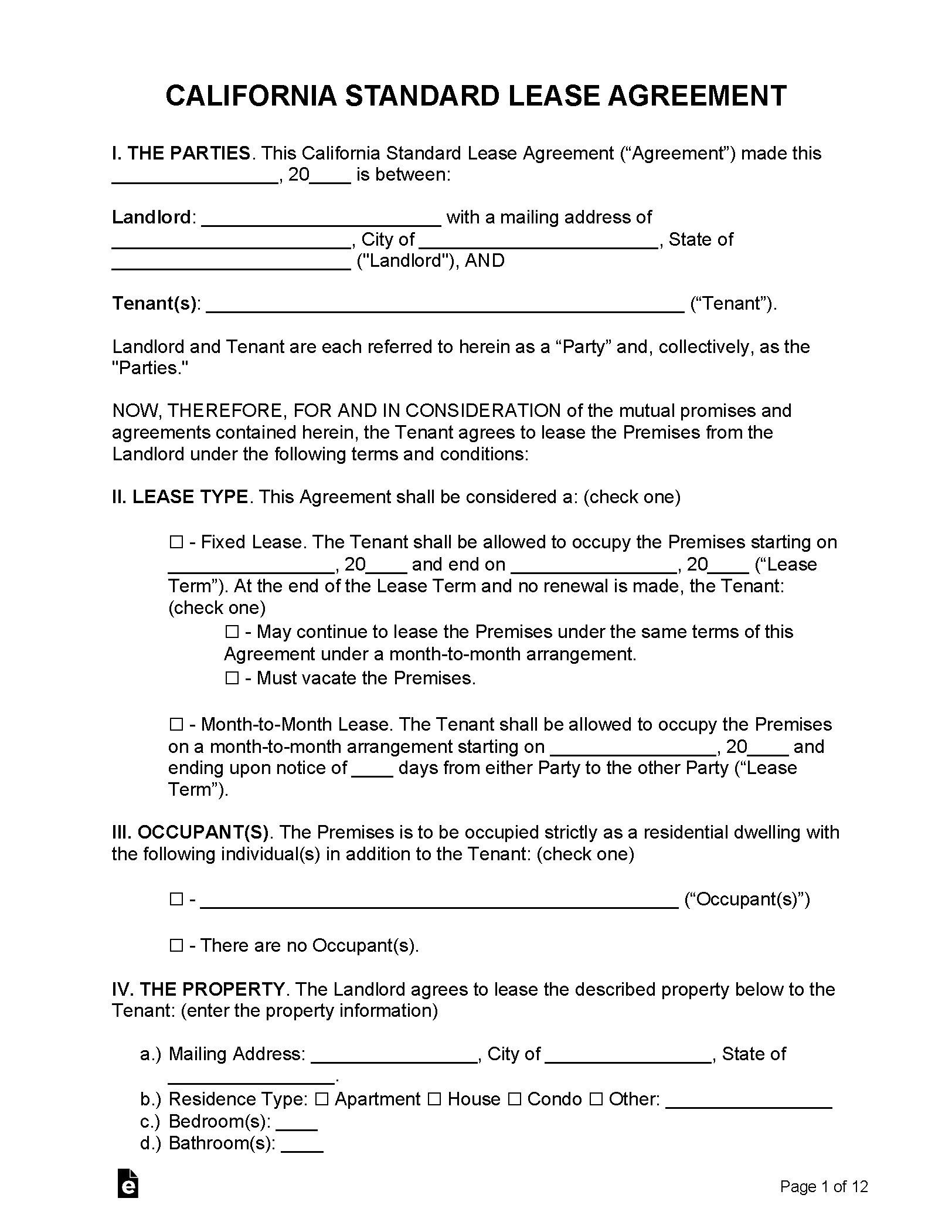 Printable Simple Lease Agreement Template