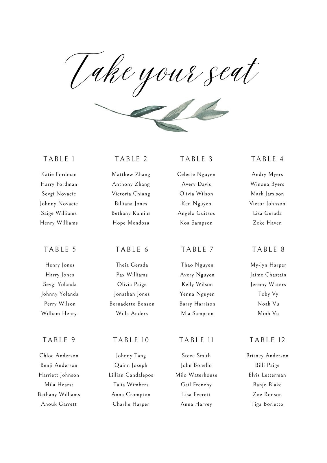 Printable Seating Chart Template Printable Seating Chart Template