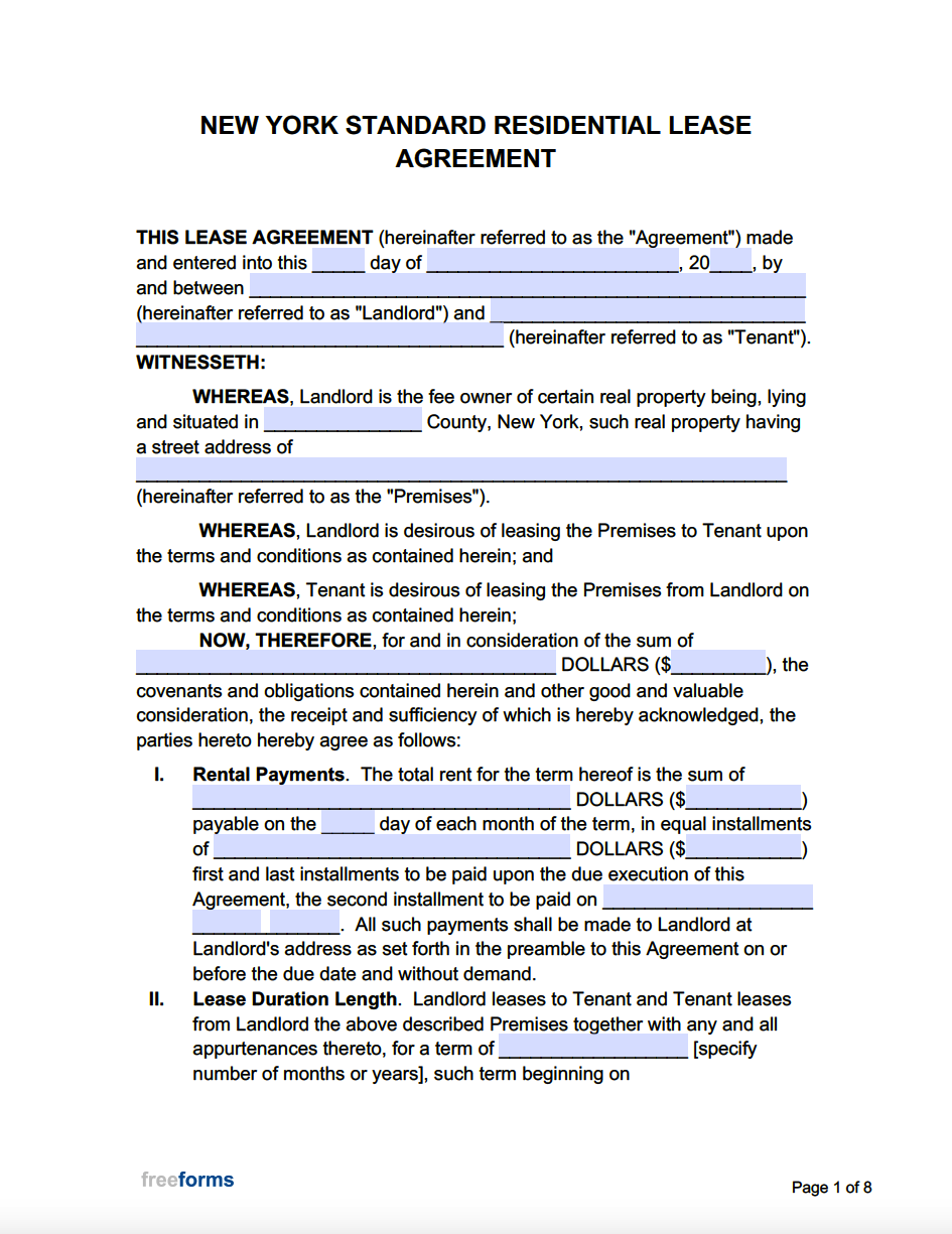 Free New York Standard Residential Lease Agreement Template PDF Word