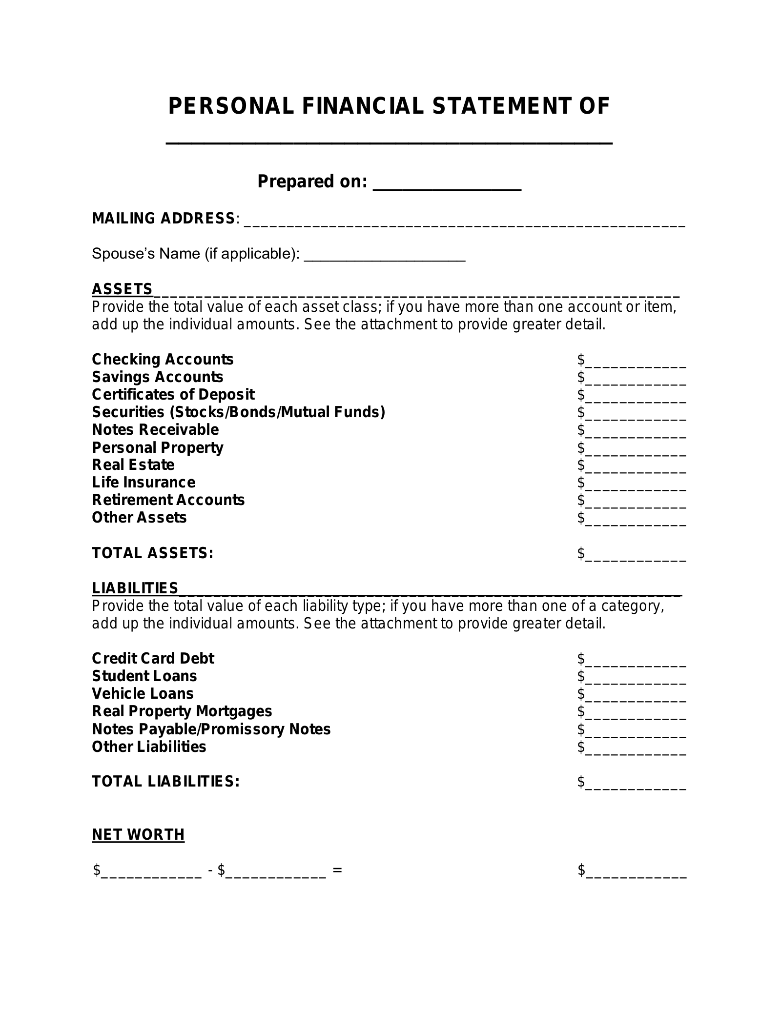 Printable Balance Sheet Template