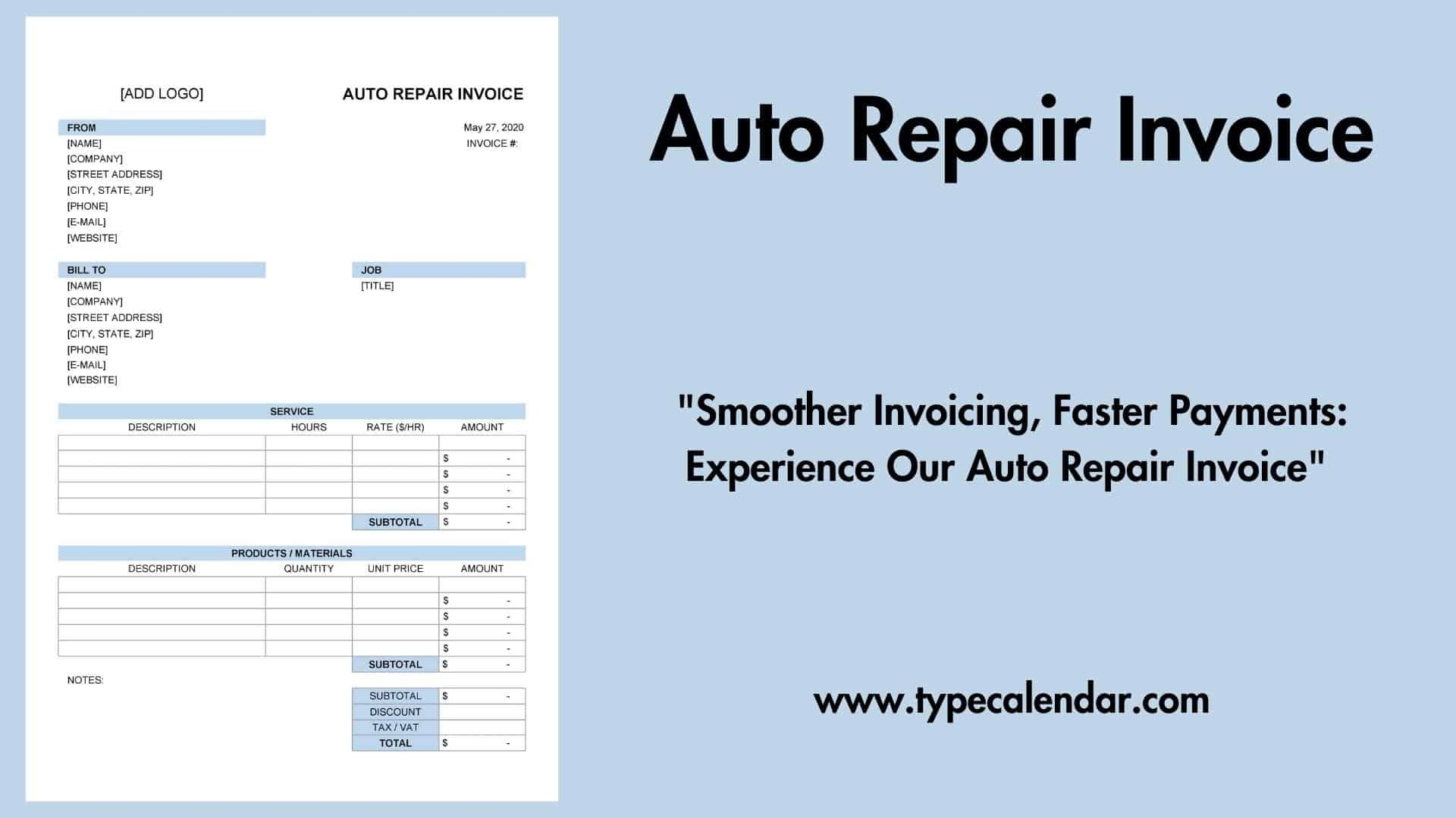 Downloadable Free Printable Auto Repair Invoice Template