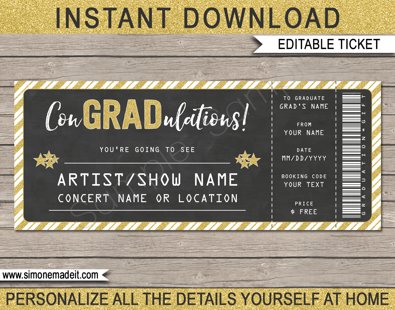 Graduation Concert Ticket Template Printable Gift Voucher ConGRADulations Graduation Concert Ticket Template Printable Gift Voucher ConGRADulations