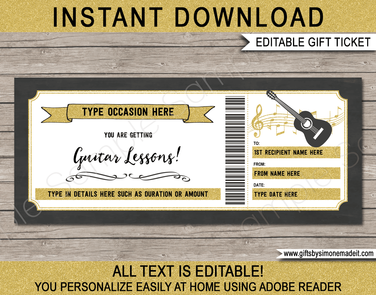 Guitar Lessons Gift Certificate Template Printable Voucher Card