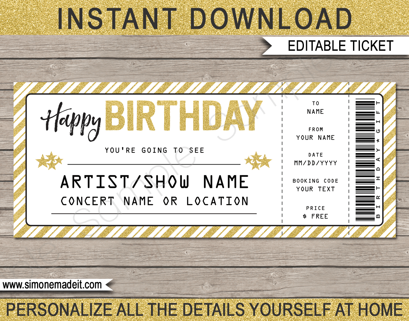Printable Concert Ticket Template Birthday Gift Voucher Editable Text Printable Concert Ticket Template Birthday Gift Voucher Editable Text