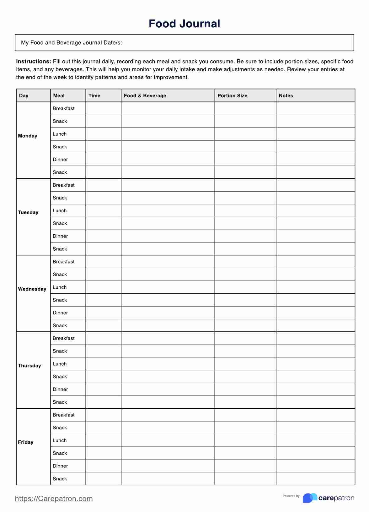 Printable Food Journal Example Free PDF Download Printable Food Journal Example Free PDF Download
