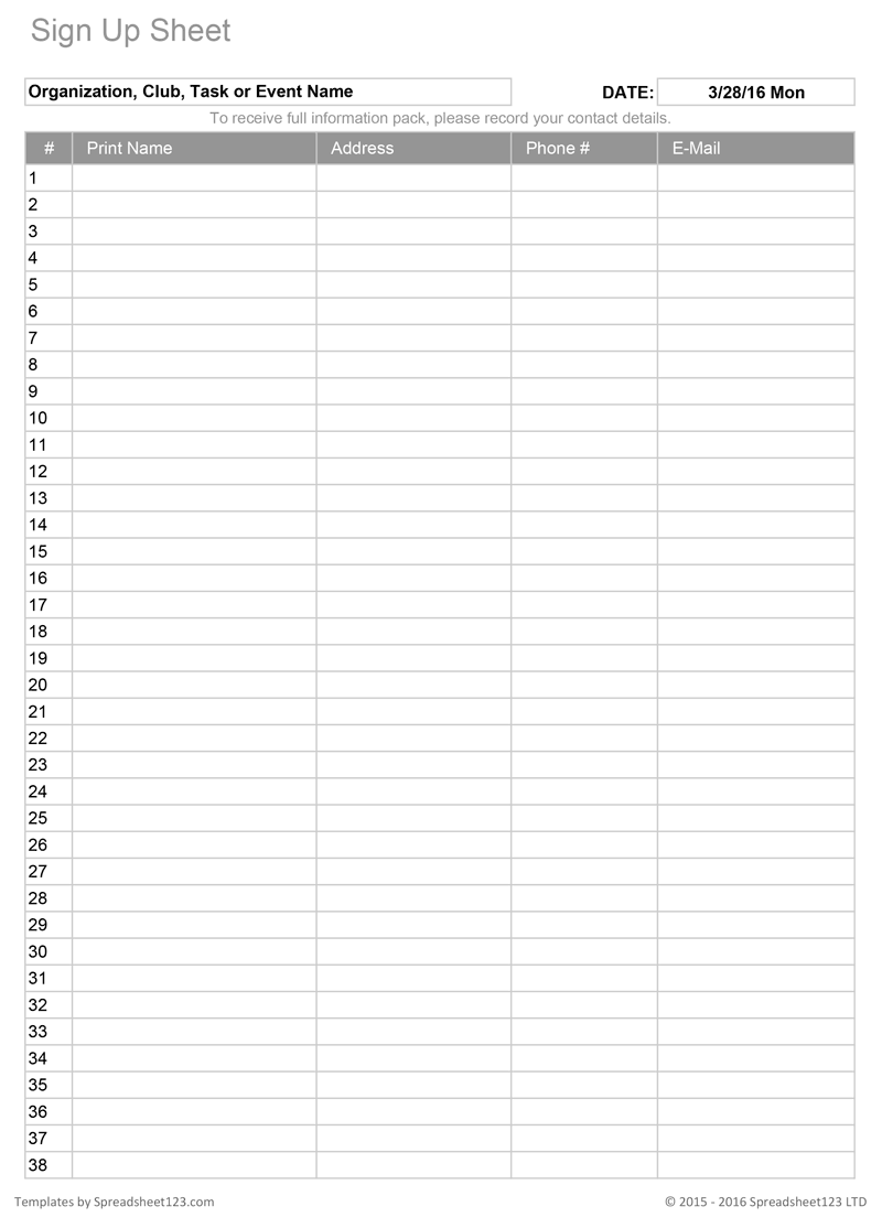 Printable Sign Up Worksheets And Forms For Excel Word And PDF Printable Sign Up Worksheets And Forms For Excel Word And PDF