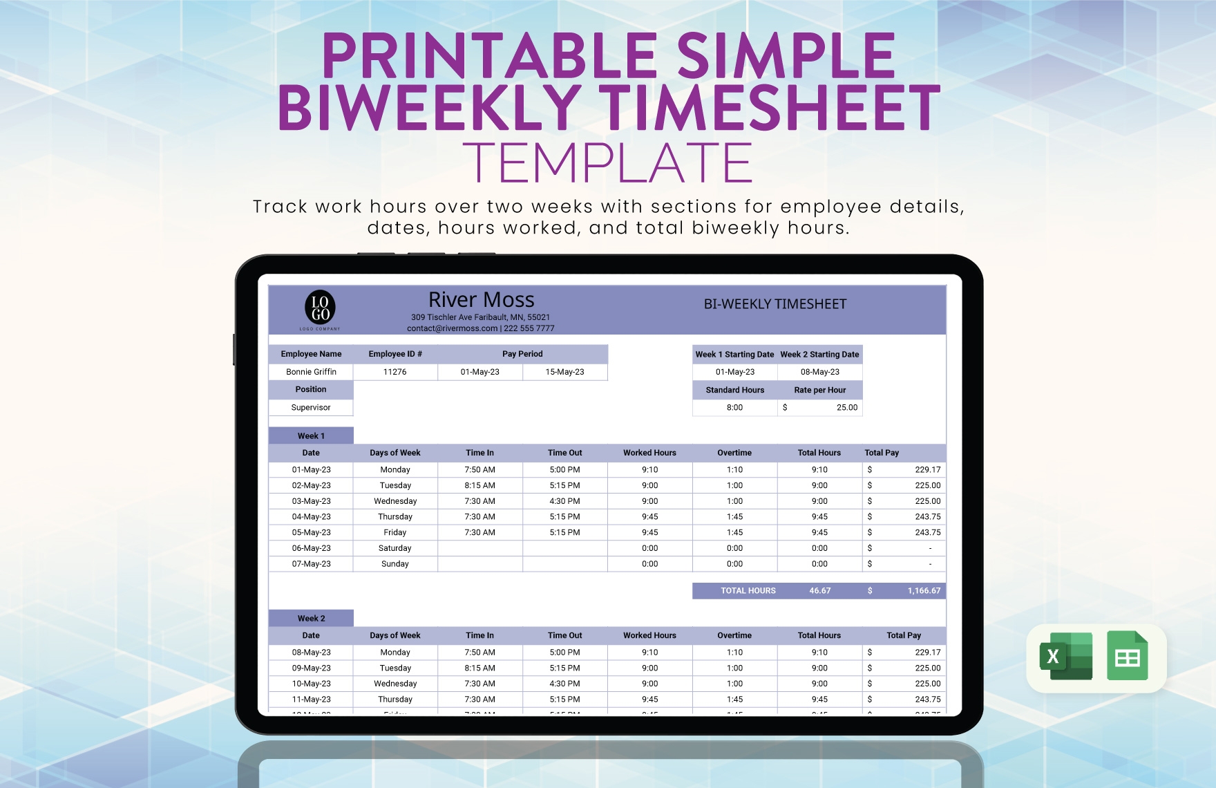 Printable Simple Biweekly Timesheet Template In Excel Google Sheets Download Template Printable Simple Biweekly Timesheet Template In Excel Google Sheets Download Template