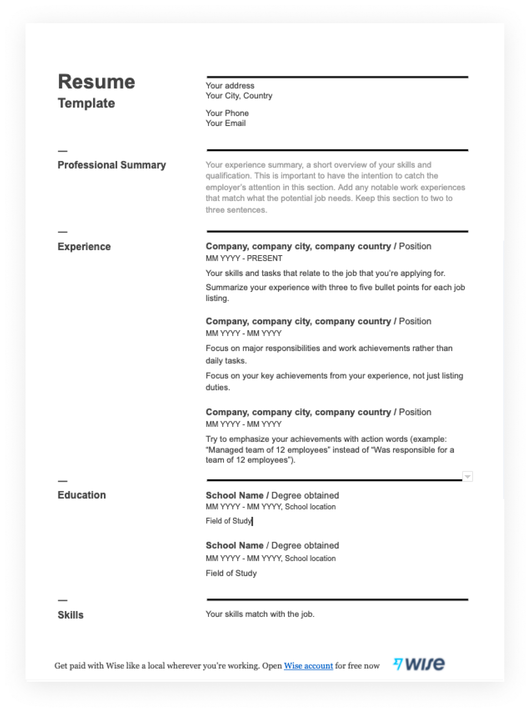 Resume Templates In PDF Free For Download Wise Resume Templates In PDF Free For Download Wise