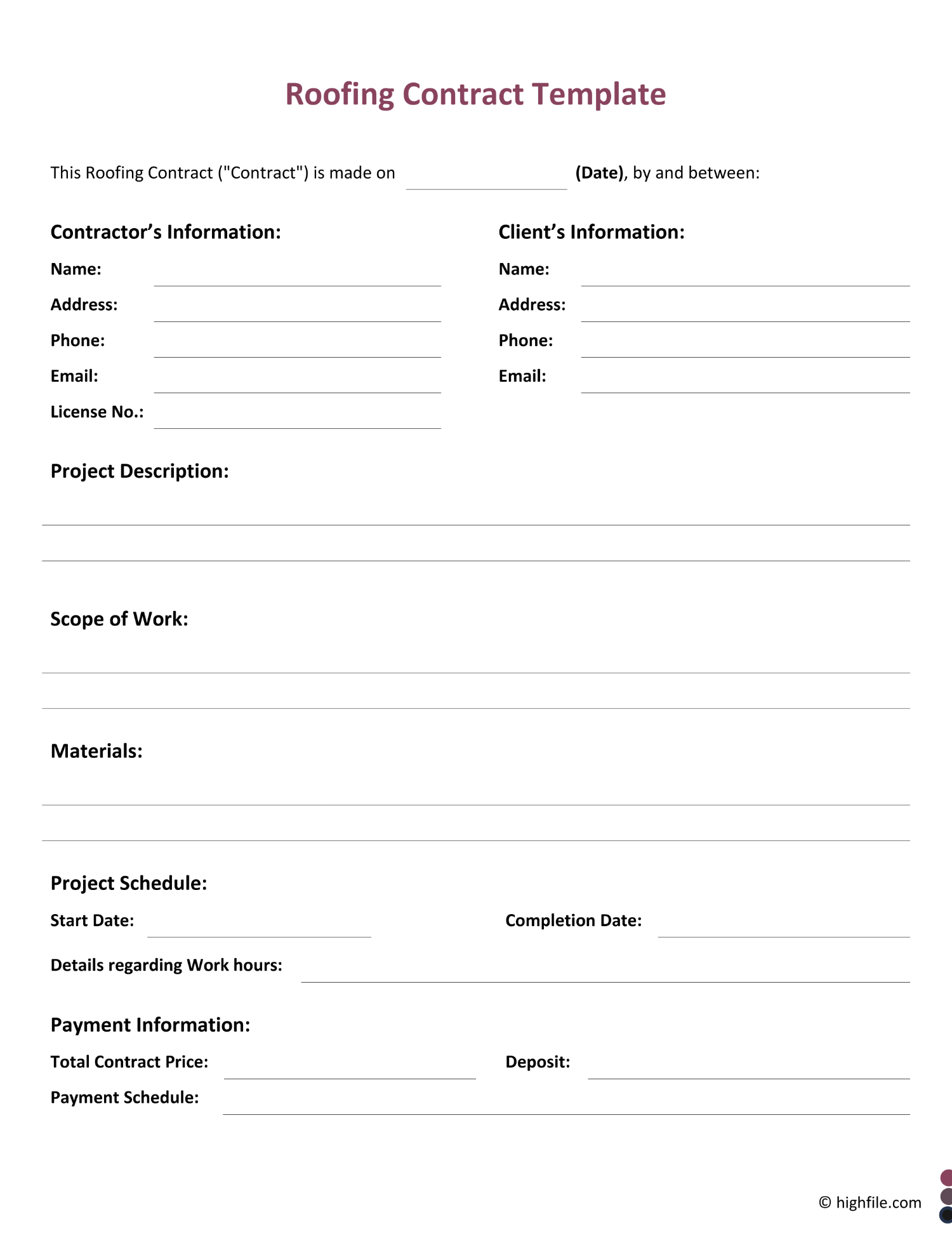 Fill In Blank Printable Roofing Contract Template Fill In Blank Printable Roofing Contract Template