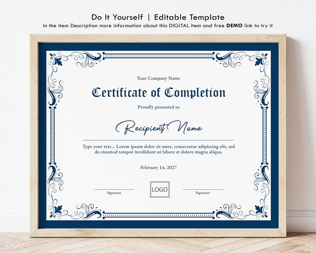 Royal Blue Certificate Of Completion Elegant Certificate Template Printable Completion Certificate Corporate Award Download Jet111 Etsy
