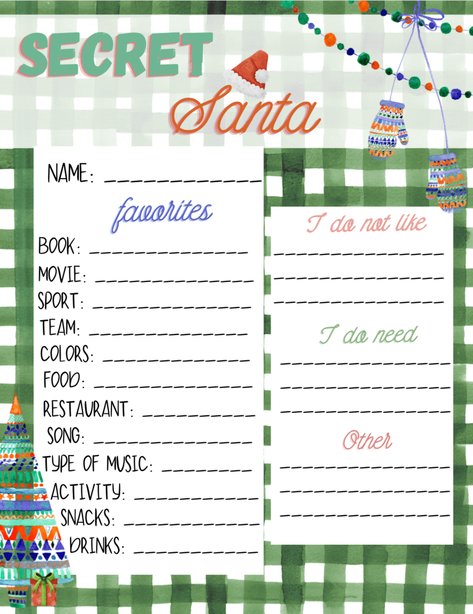 Secret Santa Sheet Printable Free Printable Party Favors Secret Santa Sheet Printable Free Printable Party Favors