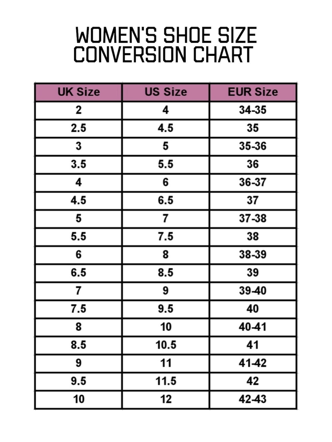 Women s Shoe Size Conversion Chart Shoe Guide Size Guide Instant Printable Digital Download Etsy Women s Shoe Size Conversion Chart Shoe Guide Size Guide Instant Printable Digital Download Etsy
